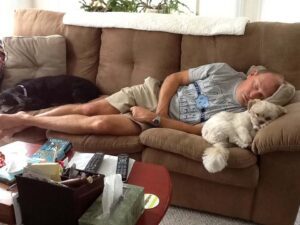 Wally Wheeler asleep with his white little dog Rupert on the couch.