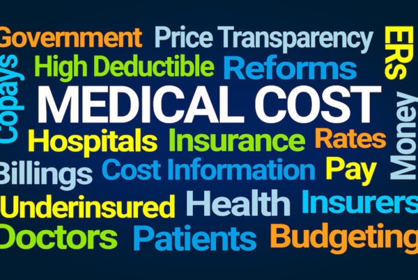 Word cloud/collage displaying words commonly associated with medical costs like price transparency and underinsured.