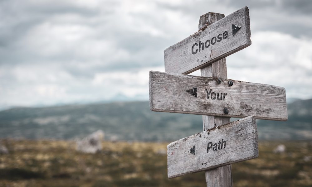 Wooden hiking post that displays three trail signs that say choose your path.