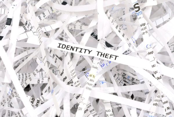 Identity theft written on shredded piece of white paper.