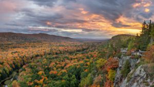 Mountain view of a river valley in the Porcupine Mountains in autumn located in Michigan's Upper Peninsula.